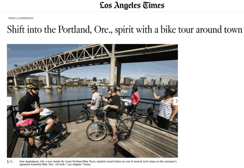 Cycle Portland featured on the front page of the LA Times Travel section, titled "Shift into the Portland, Ore., spirit with a bike tour around town"