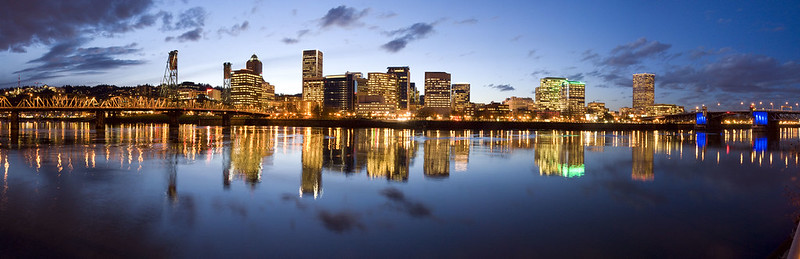 Nighttime view of downtown Portland and Willamette River waterfront